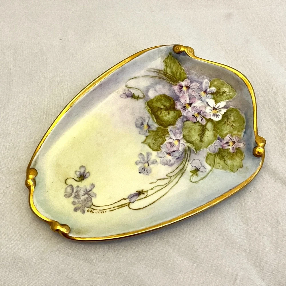 Vanity Dish w/ Violets Floral Hand-Painted & Signed by B. Phillippe, VTG EUC